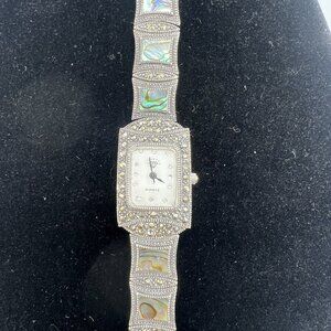 Vintage DBJ 925 Sterling Marcasite Abalone Bracelet Watch Art Deco Quartz Works